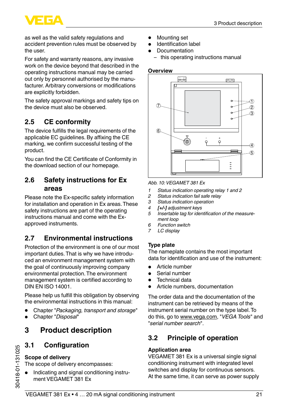 3 product description, 5 ce conformity, 6 safety instructions for ex areas | 7 environmental instructions, 1 configuration, 2 principle of operation | VEGA VEGAMET 381 Ex User Manual | Page 21 / 72