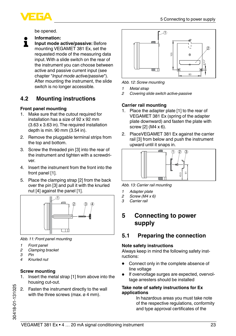 5 connecting to power supply, 2 mounting instructions, 1 preparing the connection | VEGA VEGAMET 381 Ex User Manual | Page 23 / 72