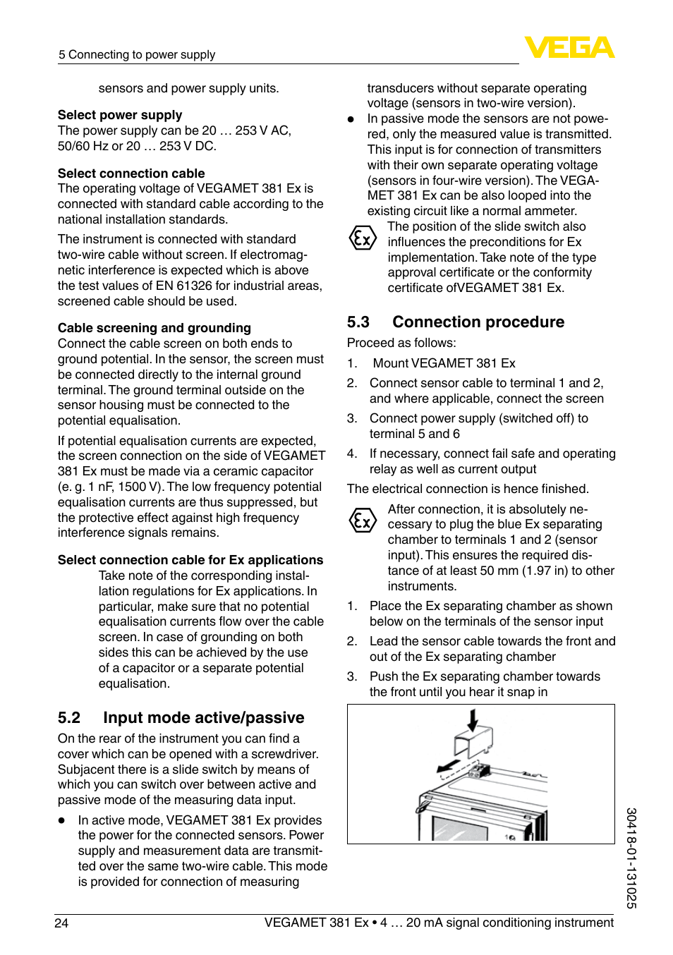 2 input mode active/passive, 3 connection procedure | VEGA VEGAMET 381 Ex User Manual | Page 24 / 72