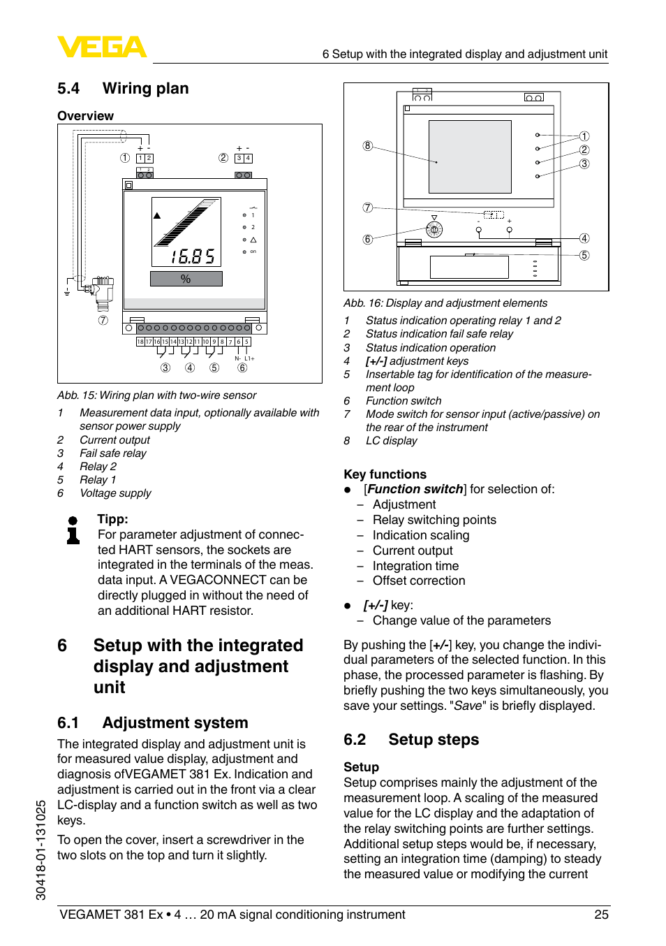 4 wiring plan, 1 adjustment system, 2 setup steps | VEGA VEGAMET 381 Ex User Manual | Page 25 / 72