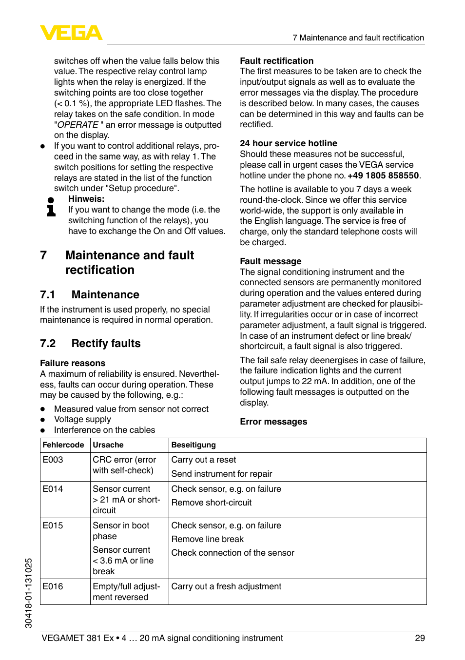 7 maintenance and fault rectification | VEGA VEGAMET 381 Ex User Manual | Page 29 / 72