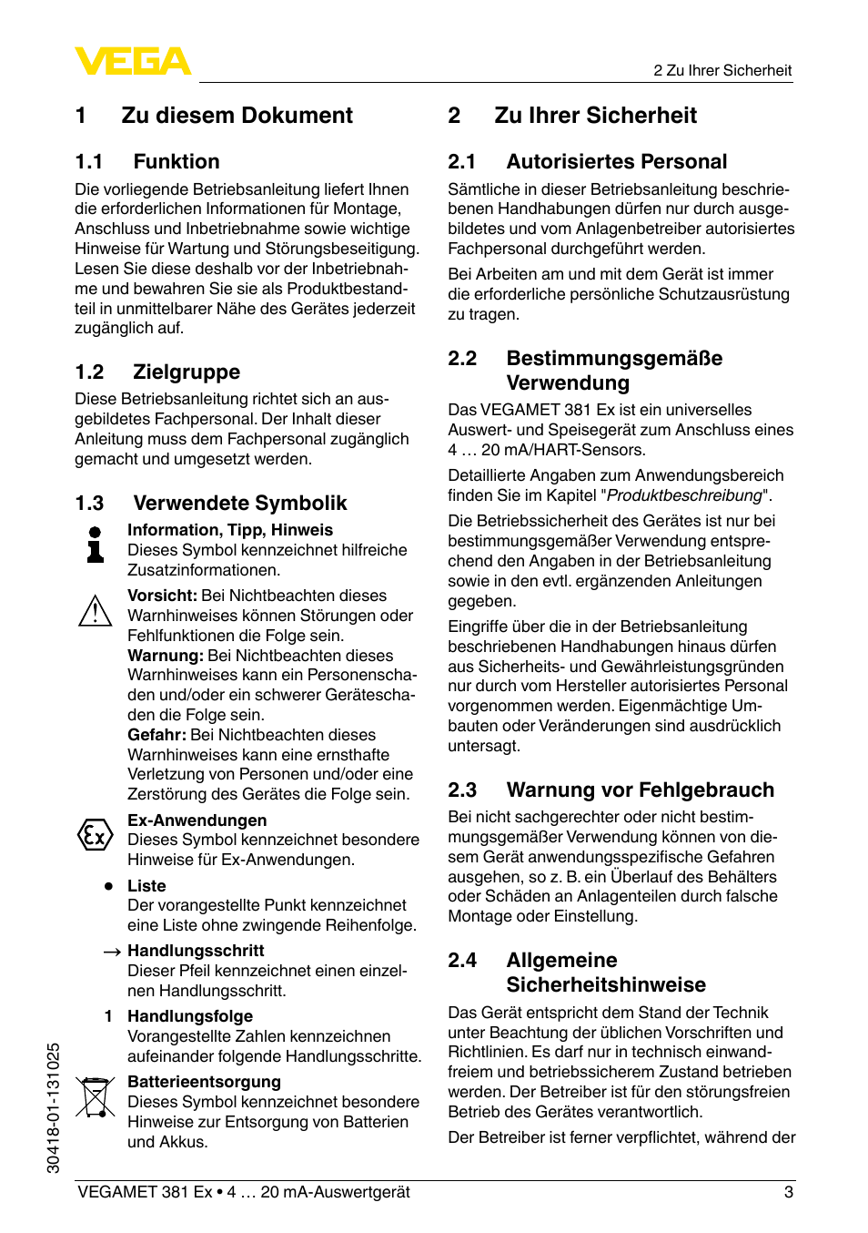1 zu diesem dokument, 2 zu ihrer sicherheit | VEGA VEGAMET 381 Ex User Manual | Page 3 / 72