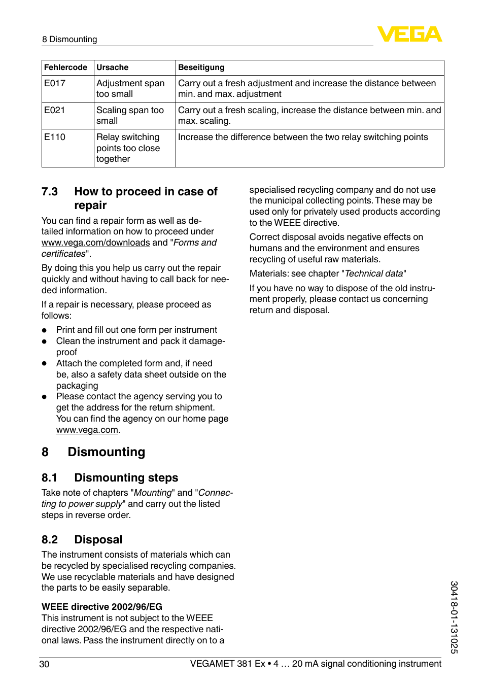 8 dismounting | VEGA VEGAMET 381 Ex User Manual | Page 30 / 72
