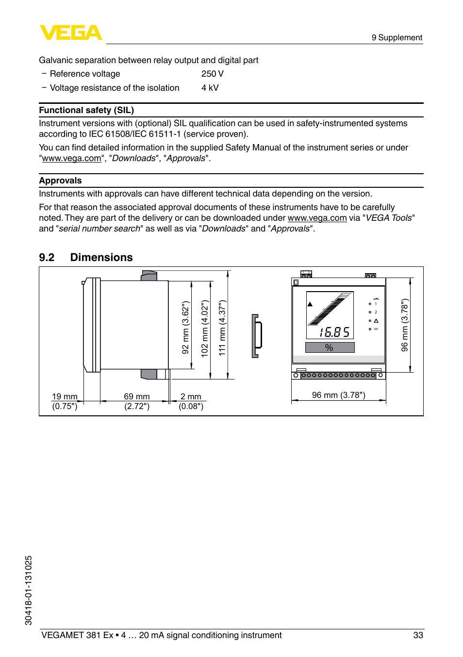 2 dimensions | VEGA VEGAMET 381 Ex User Manual | Page 33 / 72