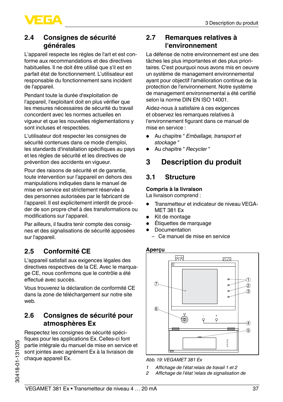 3 description du produit, 4 consignes de sécurité générales, 5 conformité ce | 6 consignes de sécurité pour atmosphères ex, 7 remarques relatives à l'environnement, 1 structure | VEGA VEGAMET 381 Ex User Manual | Page 37 / 72