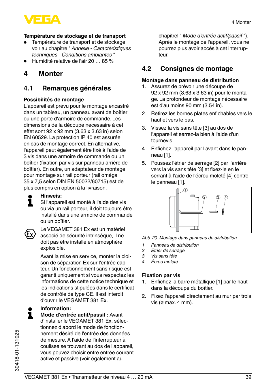 4 monter, 1 remarques générales, 2 consignes de montage | VEGA VEGAMET 381 Ex User Manual | Page 39 / 72