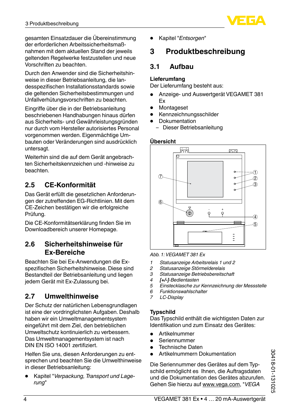 3 produktbeschreibung, 5 ce-konformität, 6 sicherheitshinweise für ex-bereiche | 7 umwelthinweise, 1 aufbau | VEGA VEGAMET 381 Ex User Manual | Page 4 / 72