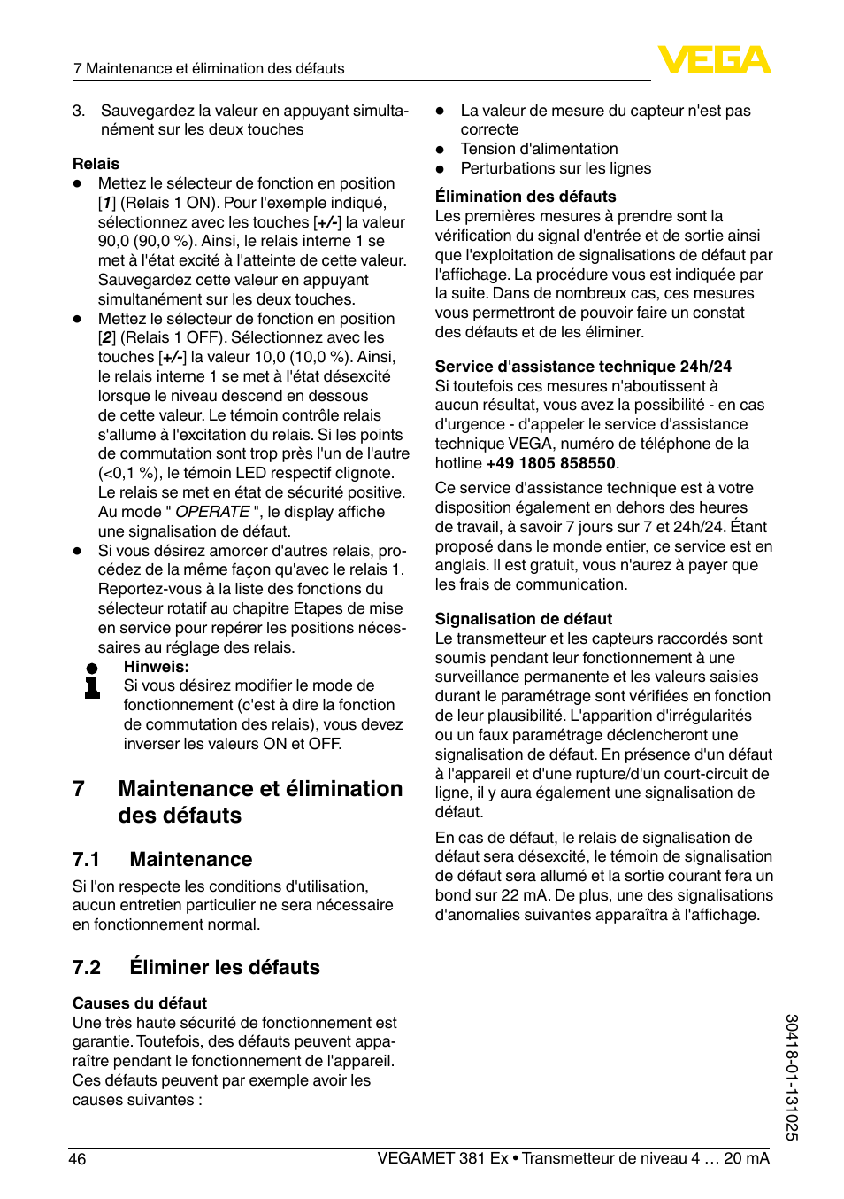 7 maintenance et élimination des défauts | VEGA VEGAMET 381 Ex User Manual | Page 46 / 72