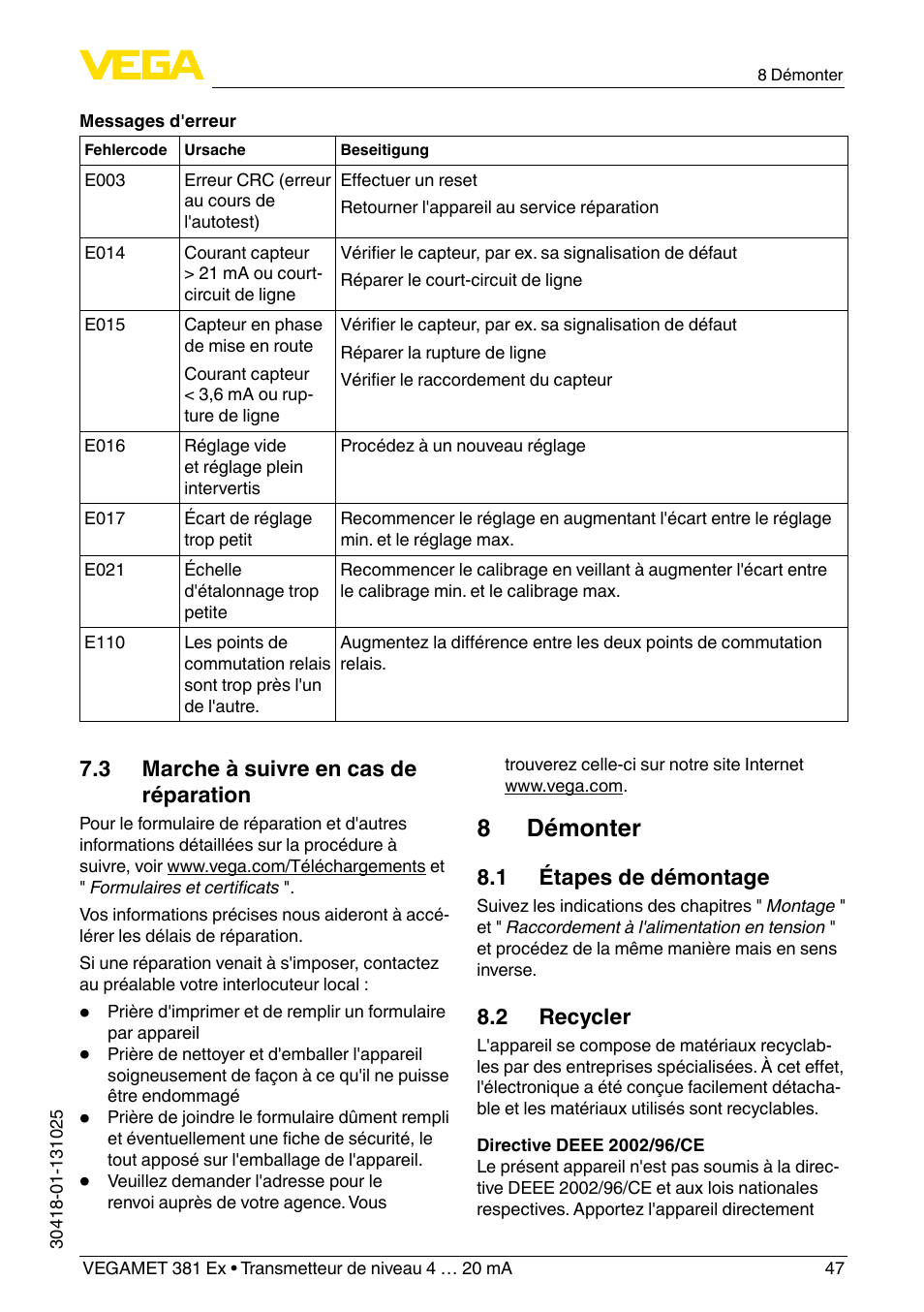 8 démonter | VEGA VEGAMET 381 Ex User Manual | Page 47 / 72