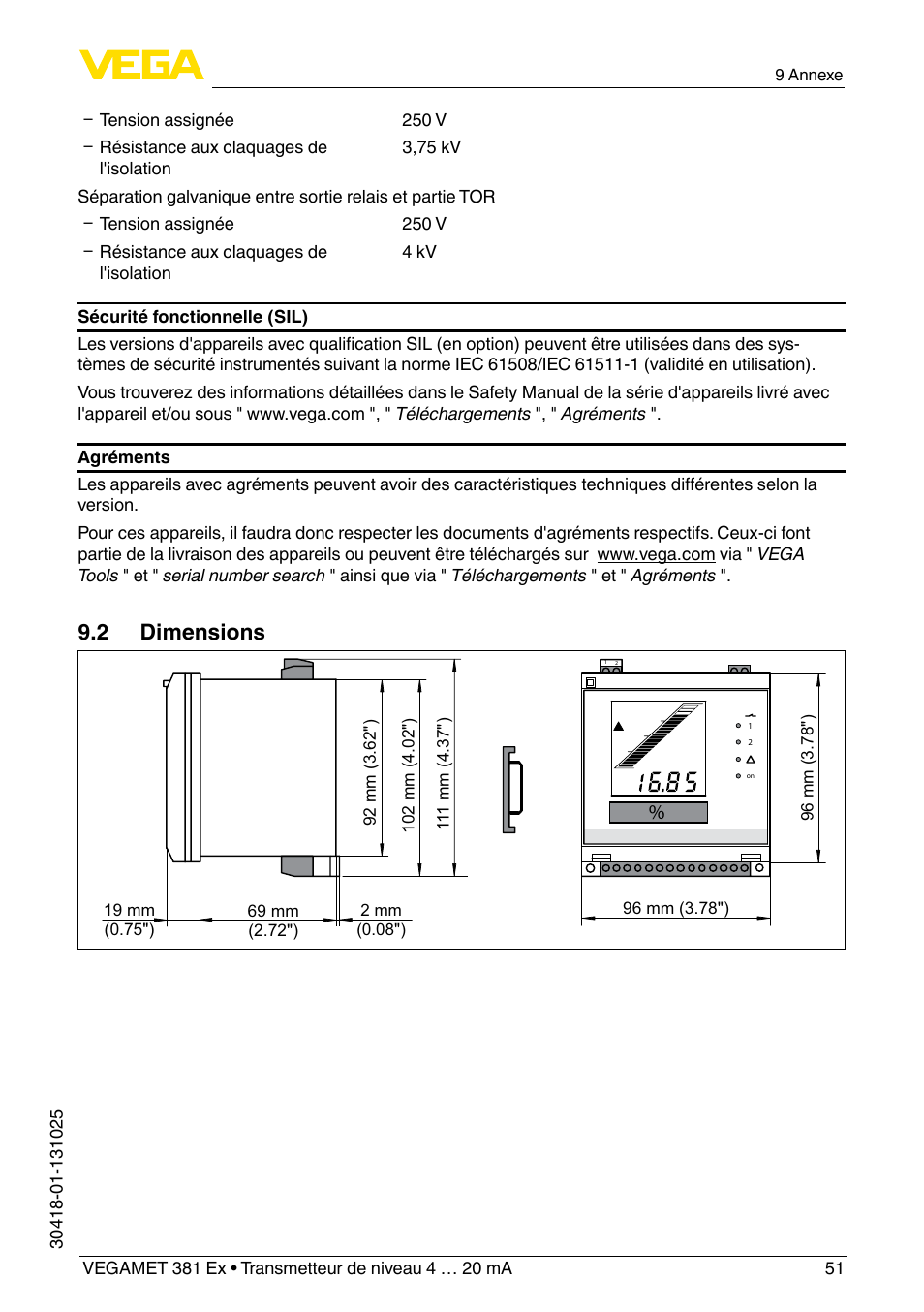 2 dimensions | VEGA VEGAMET 381 Ex User Manual | Page 51 / 72