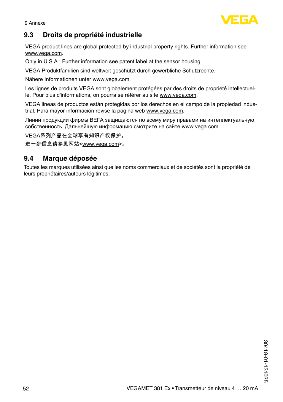 3 droits de propriété industrielle, 4 marque déposée | VEGA VEGAMET 381 Ex User Manual | Page 52 / 72