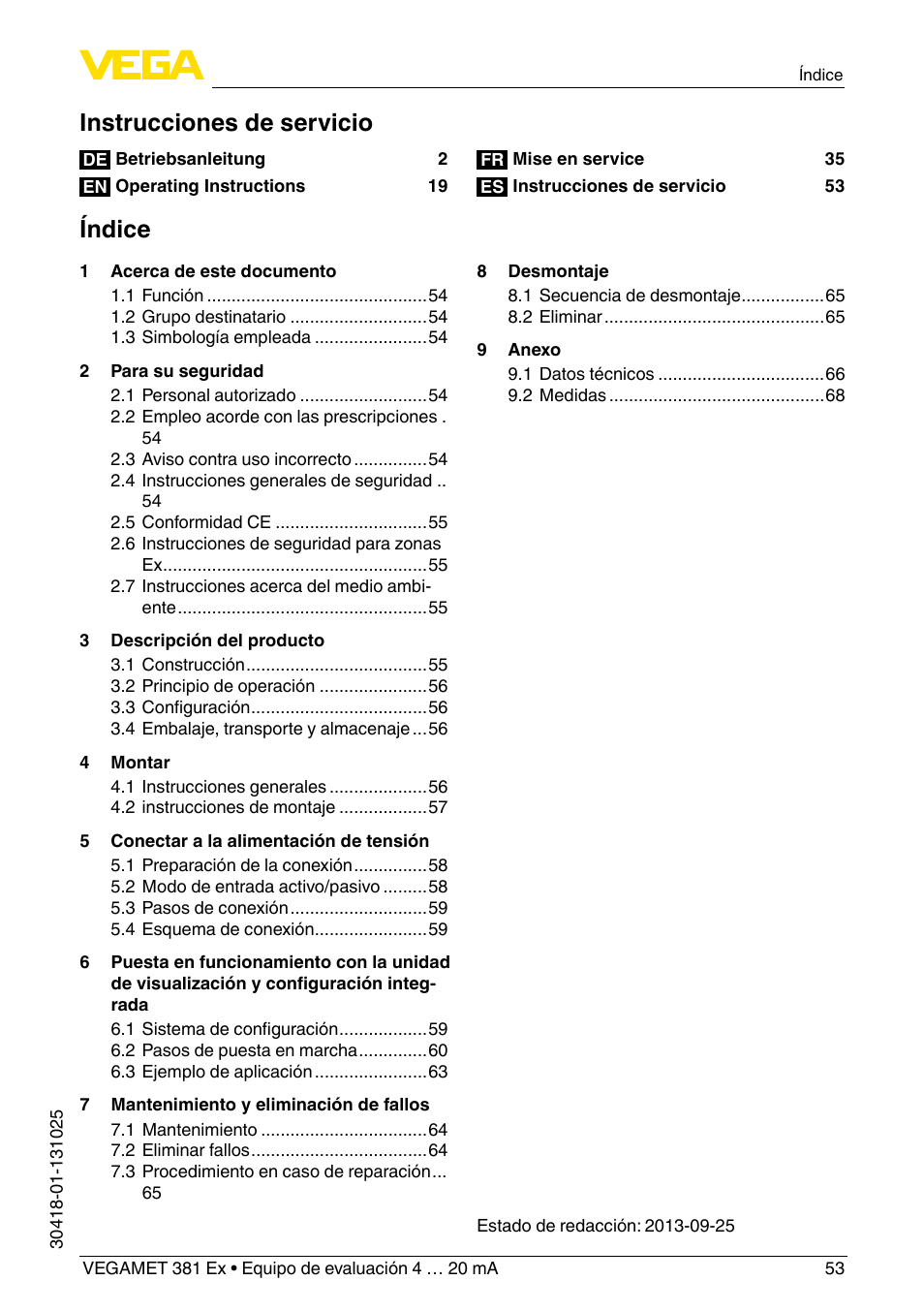 Instrucciones de servicio, Índice | VEGA VEGAMET 381 Ex User Manual | Page 53 / 72