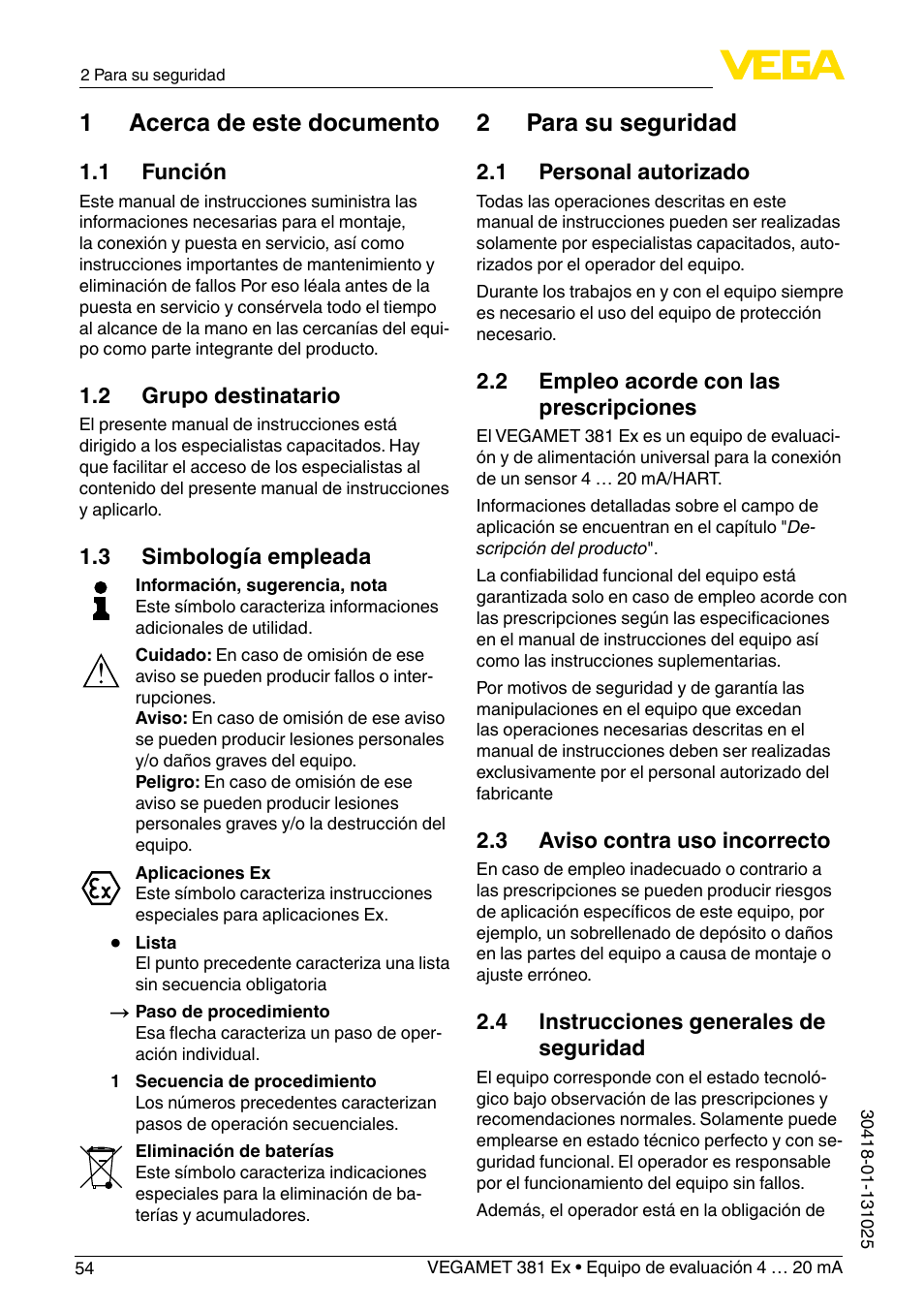 1 acerca de este documento, 2 para su seguridad | VEGA VEGAMET 381 Ex User Manual | Page 54 / 72