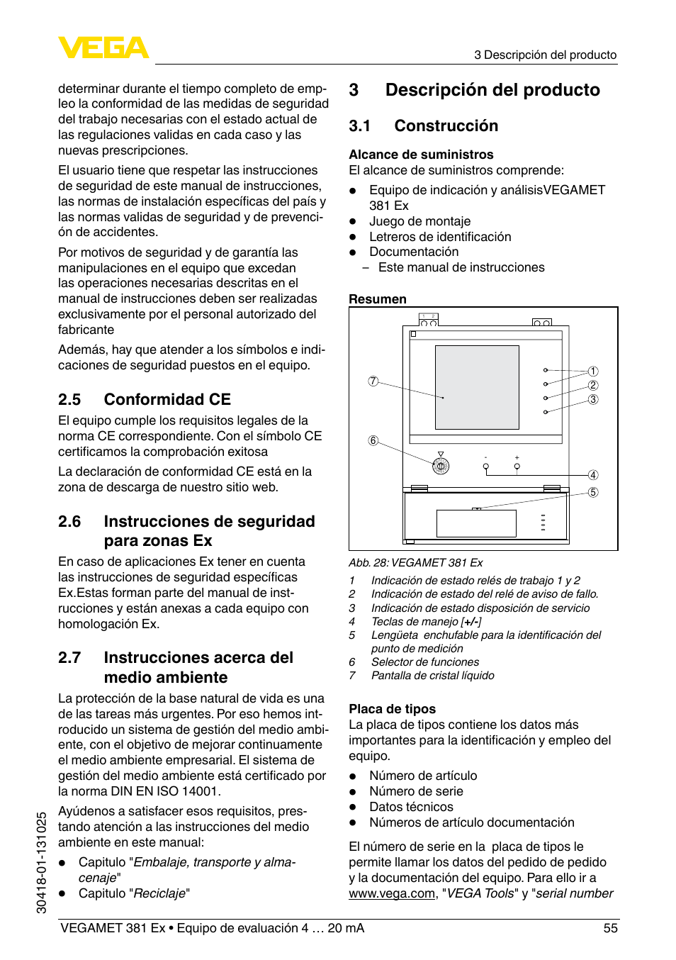 3 descripción del producto, 5 conformidad ce, 6 instrucciones de seguridad para zonas ex | 7 instrucciones acerca del medio ambiente, 1 construcción | VEGA VEGAMET 381 Ex User Manual | Page 55 / 72