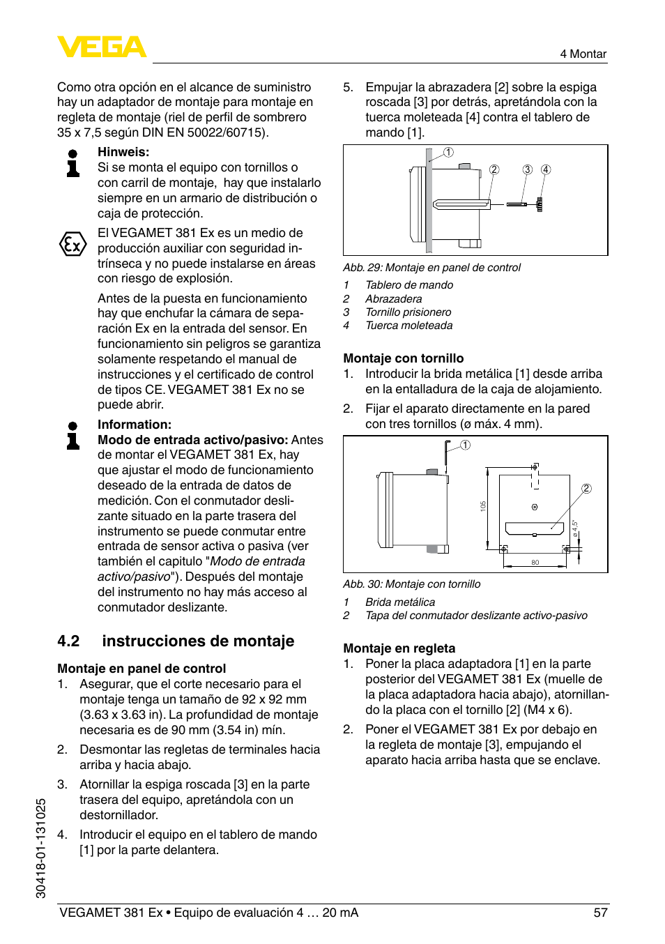 2 instrucciones de montaje | VEGA VEGAMET 381 Ex User Manual | Page 57 / 72