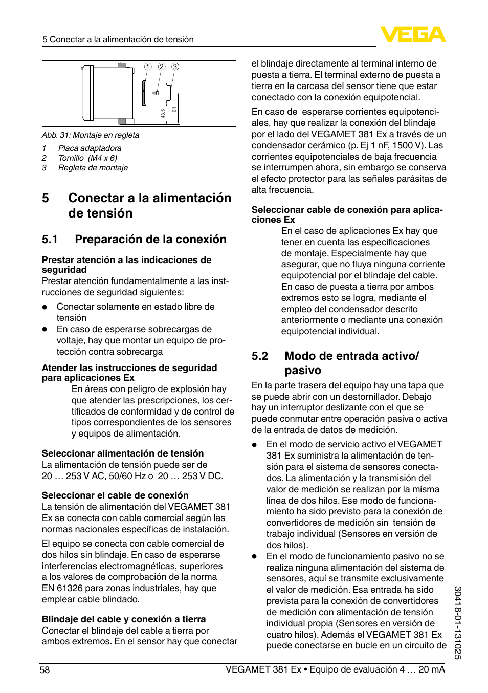 5 conectar a la alimentación de tensión, 1 preparación de la conexión, 2 modo de entrada activo/ pasivo | VEGA VEGAMET 381 Ex User Manual | Page 58 / 72