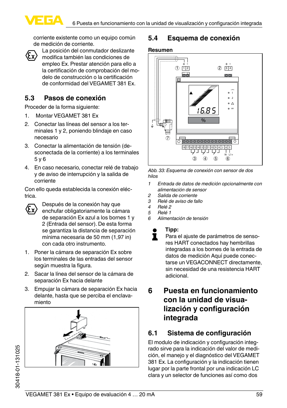 3 pasos de conexión, 4 esquema de conexión, 1 sistema de configuración | VEGA VEGAMET 381 Ex User Manual | Page 59 / 72