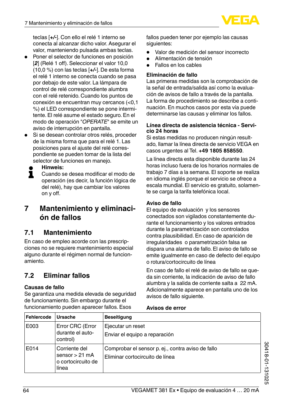 7 mantenimiento y eliminaci- ón de fallos | VEGA VEGAMET 381 Ex User Manual | Page 64 / 72