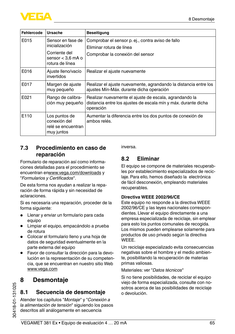 8 desmontaje | VEGA VEGAMET 381 Ex User Manual | Page 65 / 72