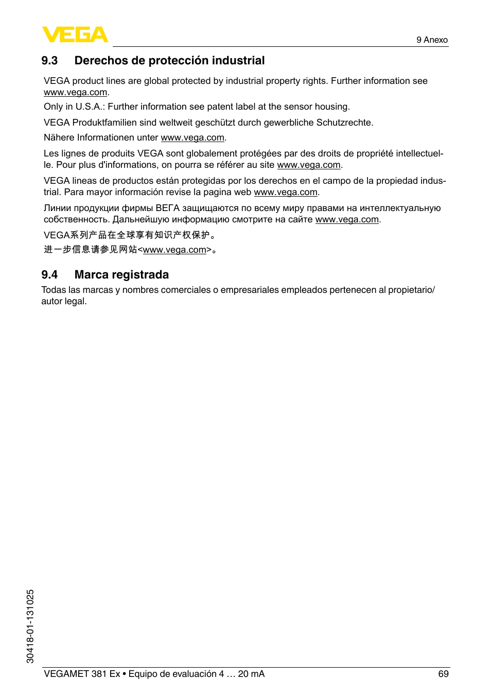 3 derechos de protección industrial, 4 marca registrada | VEGA VEGAMET 381 Ex User Manual | Page 69 / 72