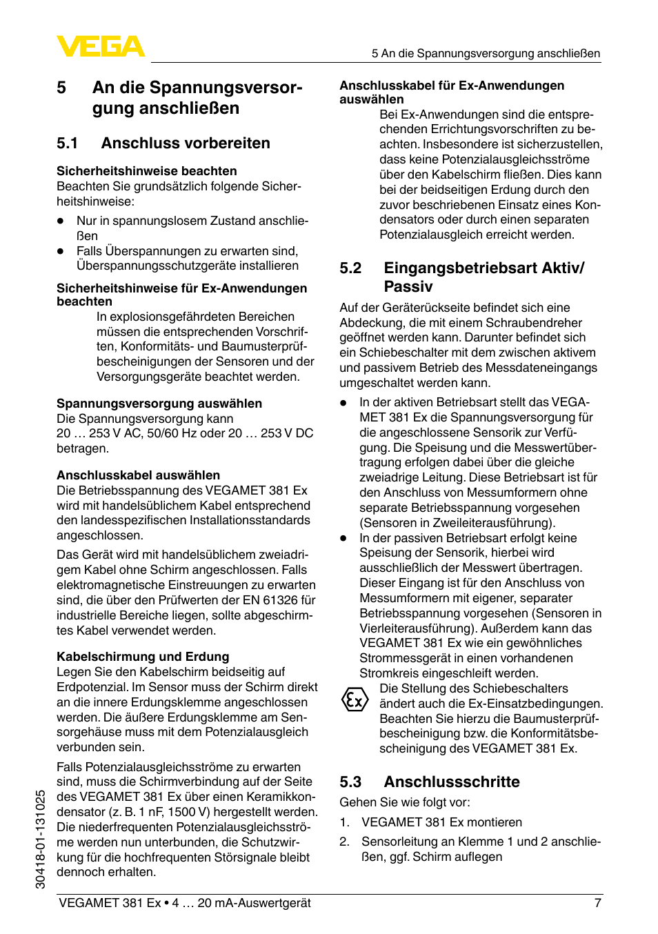 5 an die spannungsversor- gung anschließen | VEGA VEGAMET 381 Ex User Manual | Page 7 / 72