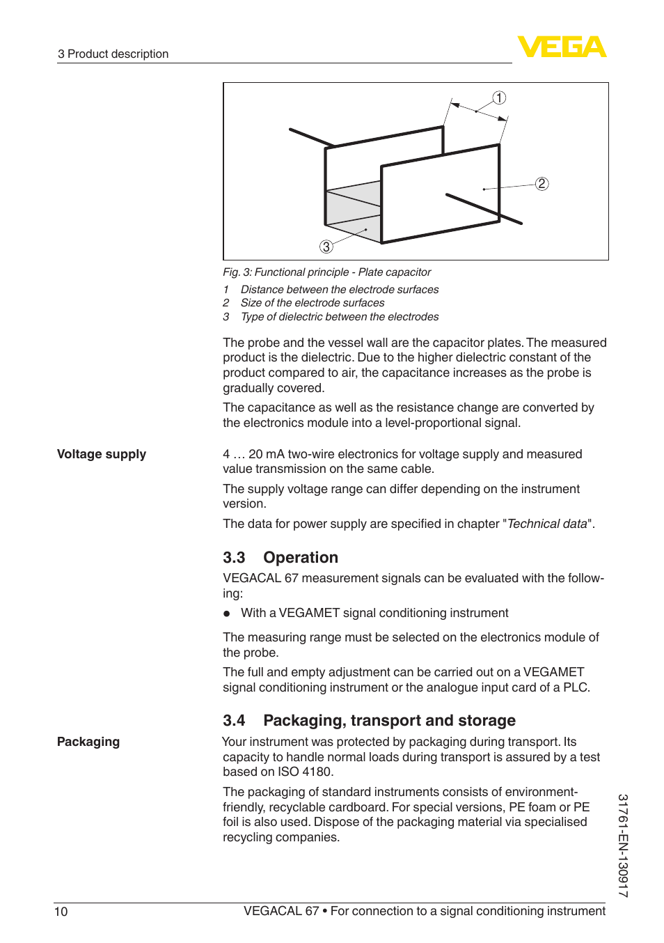 3 operation, 4 packaging, transport and storage | VEGA VEGACAL 67 For connection to a signal conditioning instrument User Manual | Page 10 / 36