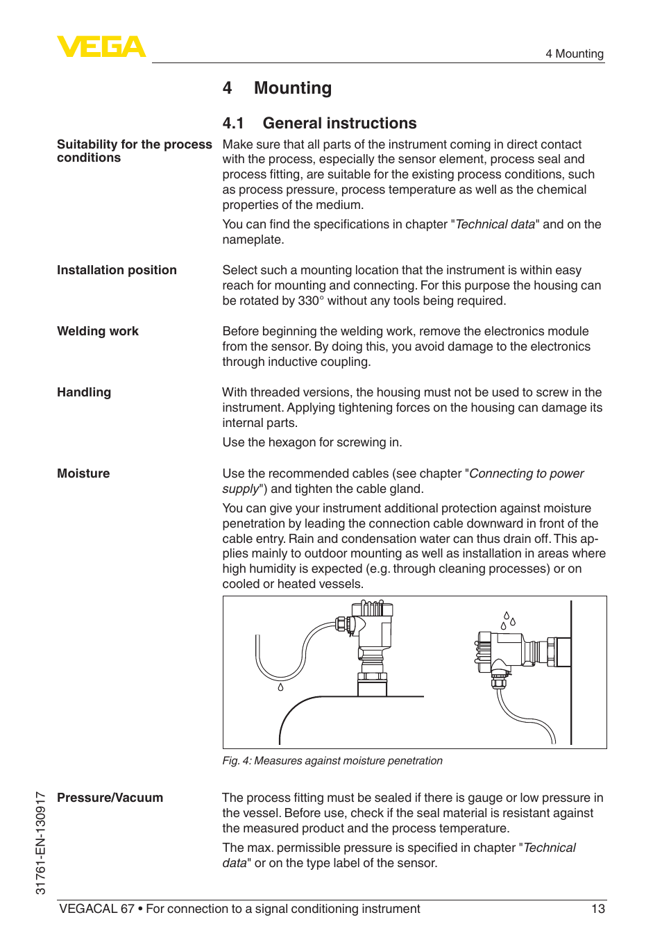 4 mounting, 1 general instructions | VEGA VEGACAL 67 For connection to a signal conditioning instrument User Manual | Page 13 / 36