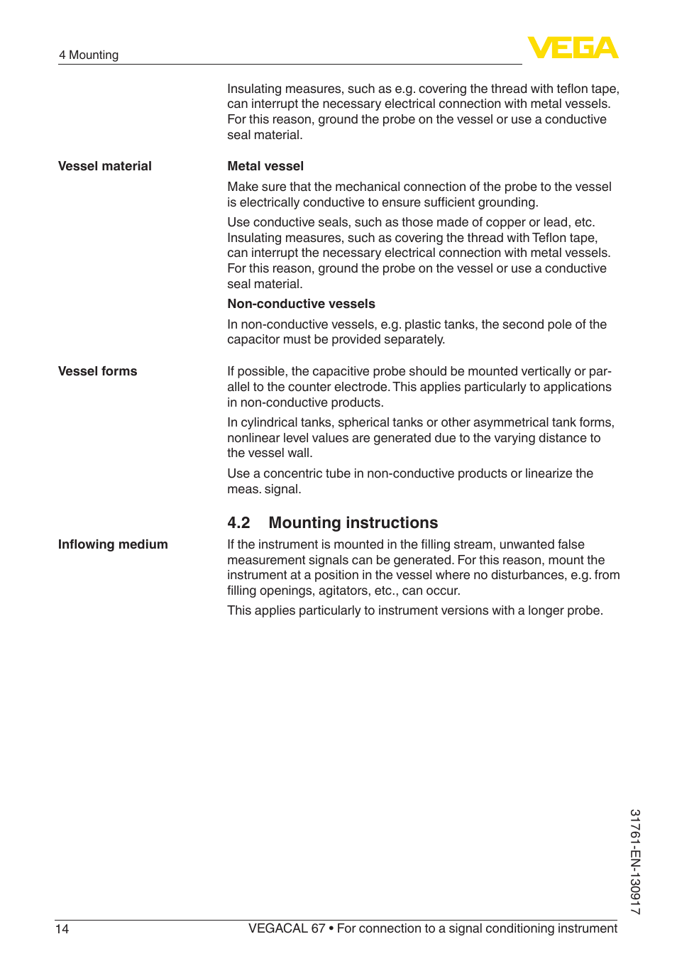 2 mounting instructions | VEGA VEGACAL 67 For connection to a signal conditioning instrument User Manual | Page 14 / 36