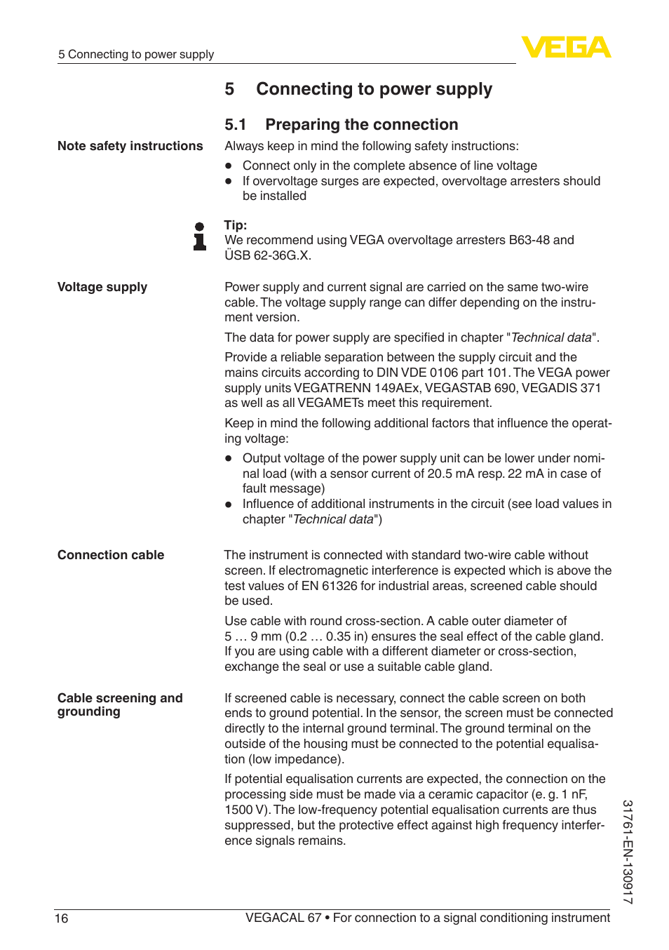 5 connecting to power supply, 1 preparing the connection | VEGA VEGACAL 67 For connection to a signal conditioning instrument User Manual | Page 16 / 36