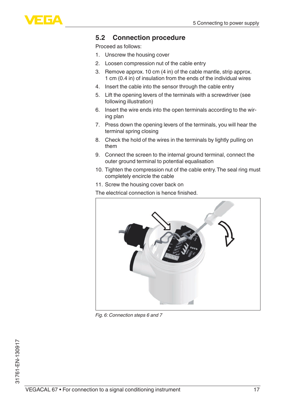 2 connection procedure | VEGA VEGACAL 67 For connection to a signal conditioning instrument User Manual | Page 17 / 36