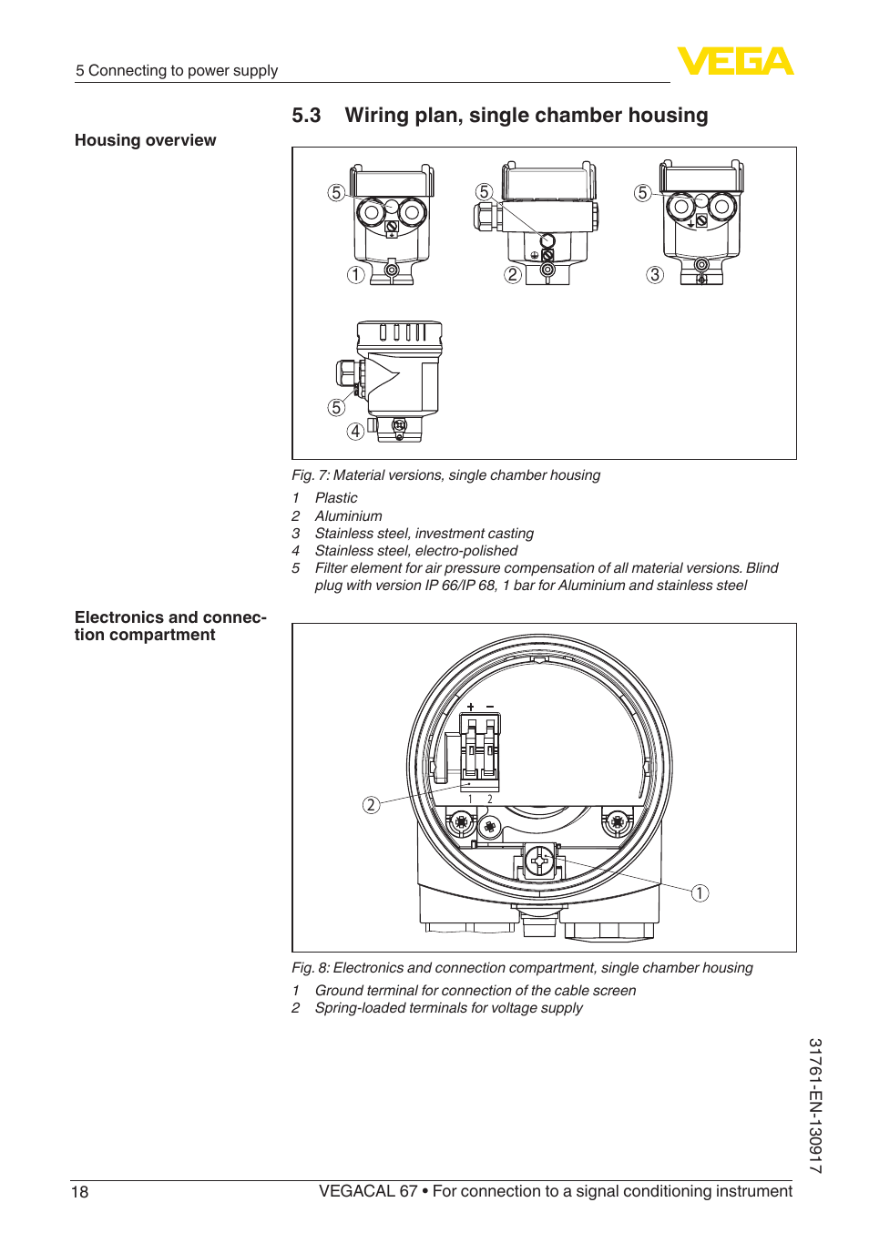 3 wiring plan, single chamber housing | VEGA VEGACAL 67 For connection to a signal conditioning instrument User Manual | Page 18 / 36