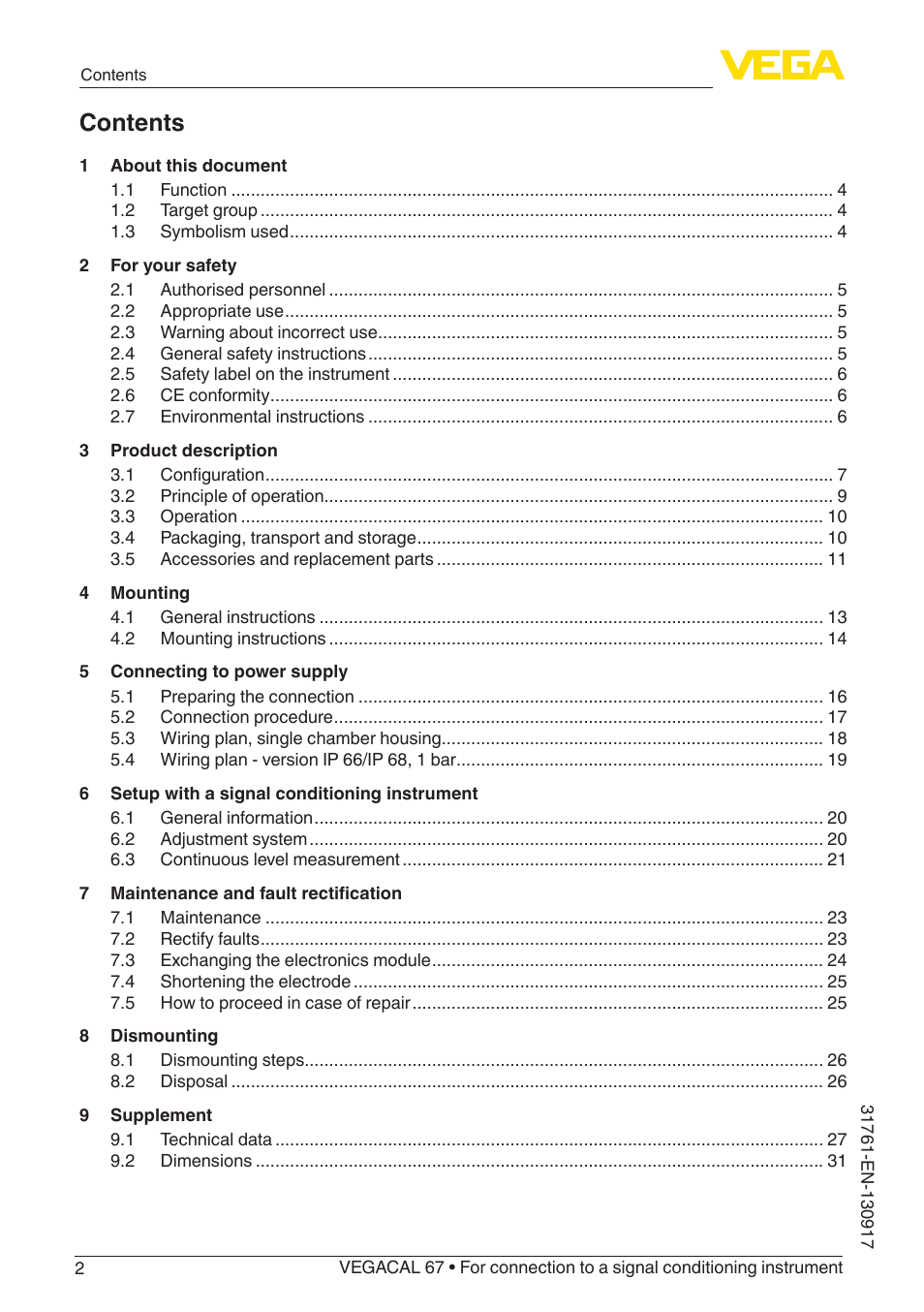 VEGA VEGACAL 67 For connection to a signal conditioning instrument User Manual | Page 2 / 36