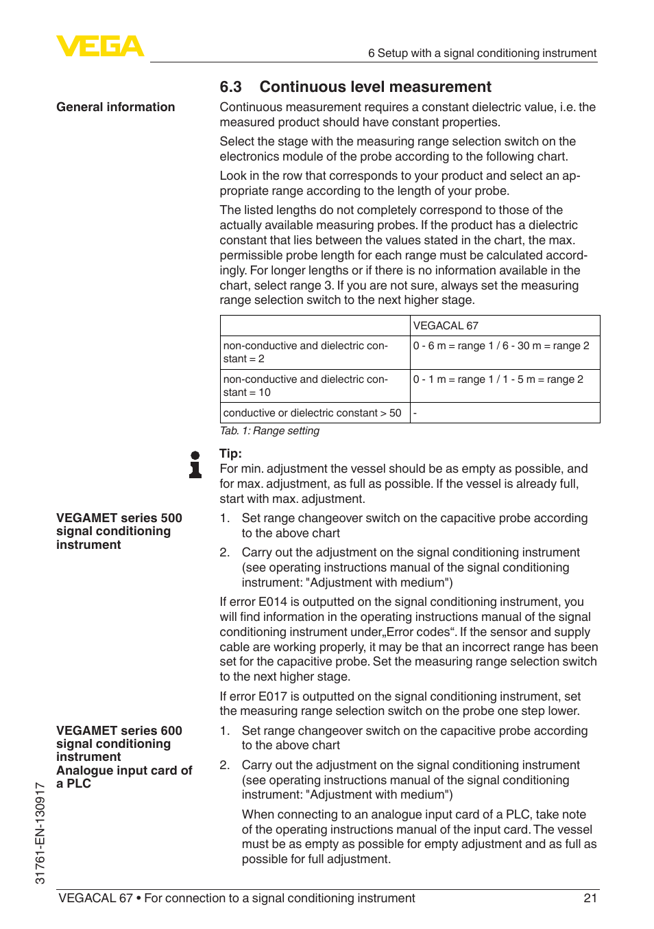 3 continuous level measurement | VEGA VEGACAL 67 For connection to a signal conditioning instrument User Manual | Page 21 / 36