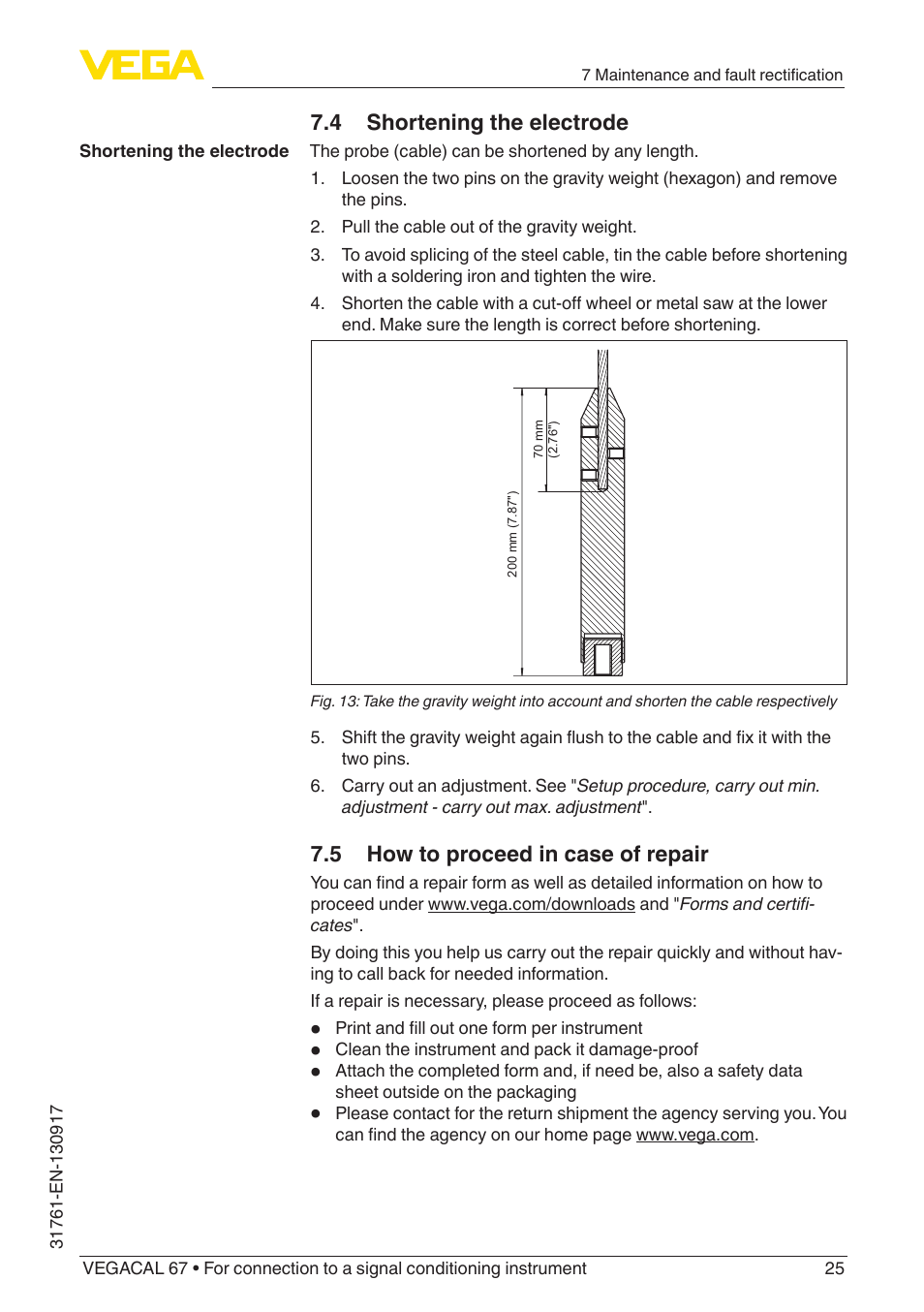 4 shortening the electrode, 5 how to proceed in case of repair | VEGA VEGACAL 67 For connection to a signal conditioning instrument User Manual | Page 25 / 36