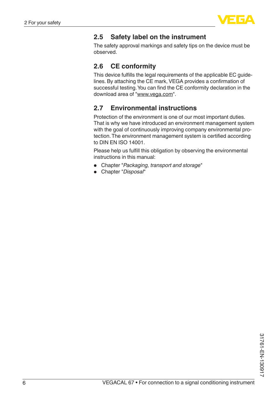 5 safety label on the instrument, 6 ce conformity, 7 environmental instructions | VEGA VEGACAL 67 For connection to a signal conditioning instrument User Manual | Page 6 / 36