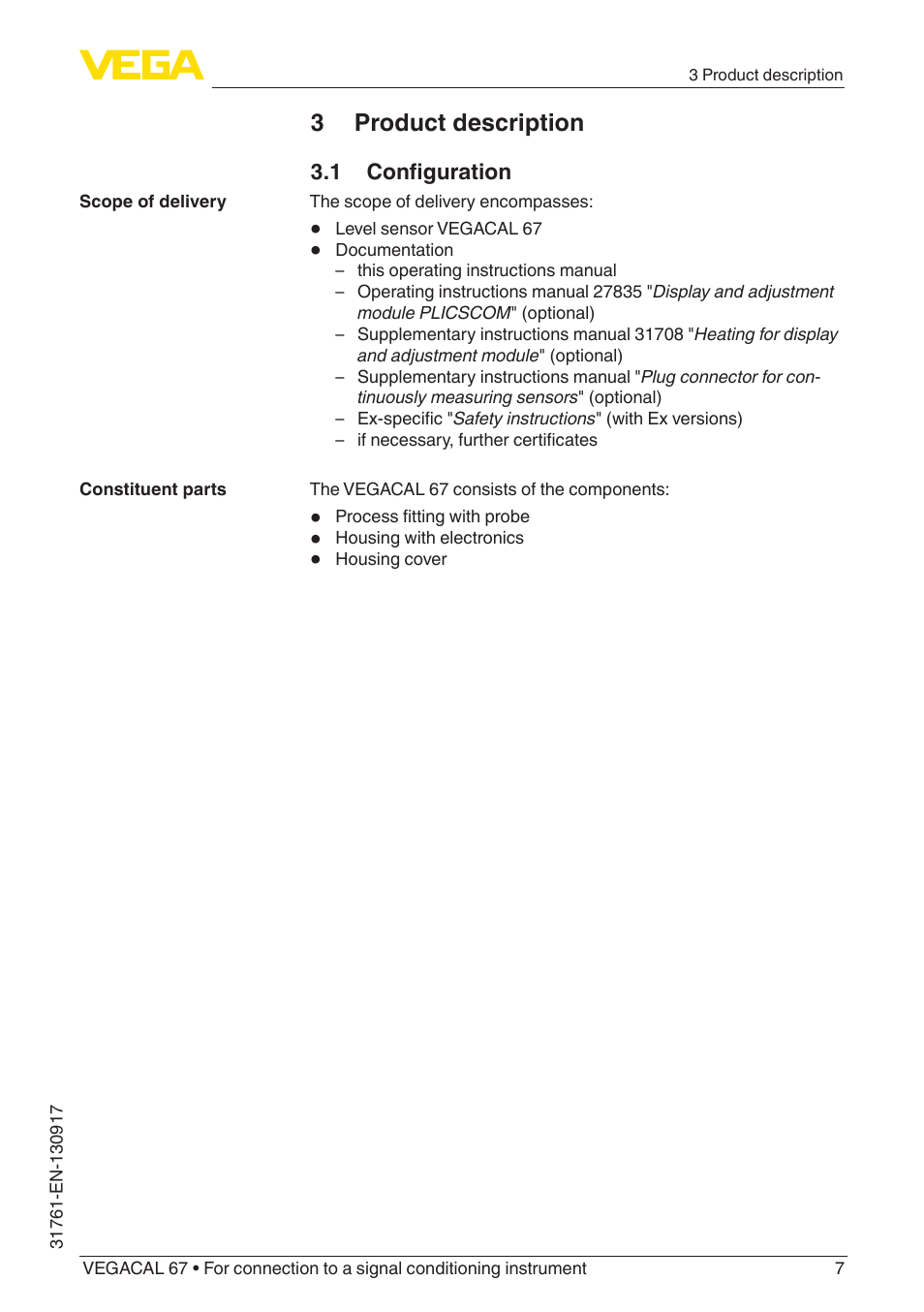 3 product description, 1 configuration | VEGA VEGACAL 67 For connection to a signal conditioning instrument User Manual | Page 7 / 36