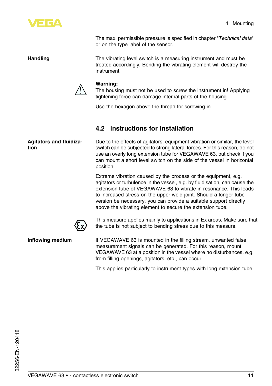 2 instructions for installation | VEGA VEGAWAVE 63 - contactless electronic switch User Manual | Page 11 / 36