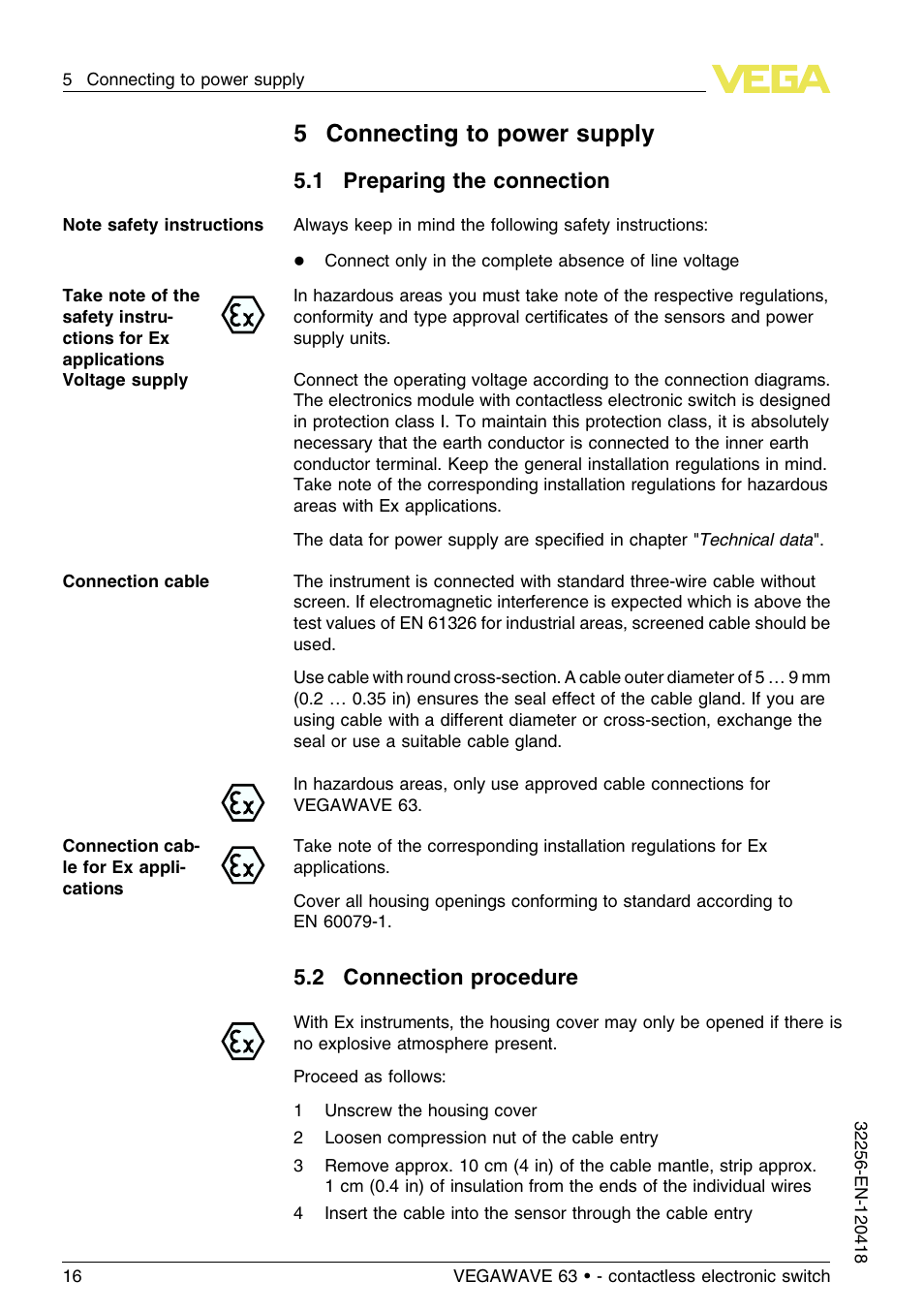 5 connecting to power supply, 1 preparing the connection, 2 connection procedure | 5connecting to power supply | VEGA VEGAWAVE 63 - contactless electronic switch User Manual | Page 16 / 36