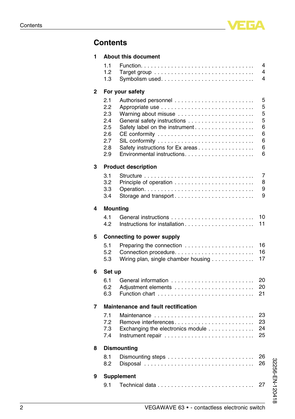 VEGA VEGAWAVE 63 - contactless electronic switch User Manual | Page 2 / 36