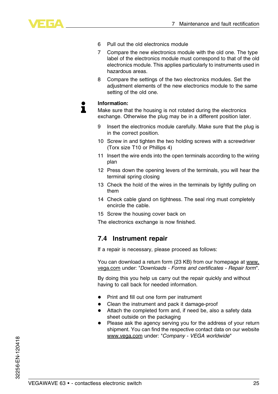 4 instrument repair | VEGA VEGAWAVE 63 - contactless electronic switch User Manual | Page 25 / 36
