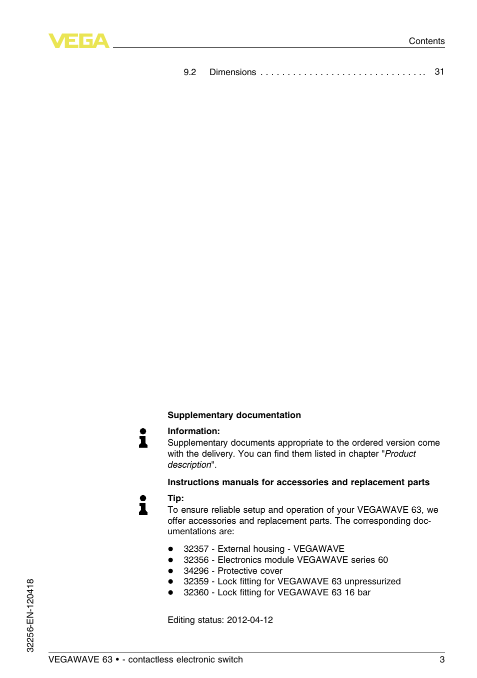 VEGA VEGAWAVE 63 - contactless electronic switch User Manual | Page 3 / 36