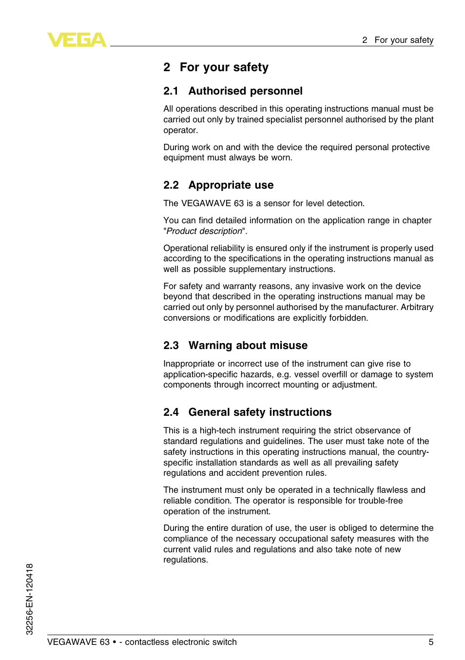 2 for your safety, 1 authorised personnel, 2 appropriate use | 3 warning about misuse, 4 general safety instructions, 2for your safety | VEGA VEGAWAVE 63 - contactless electronic switch User Manual | Page 5 / 36