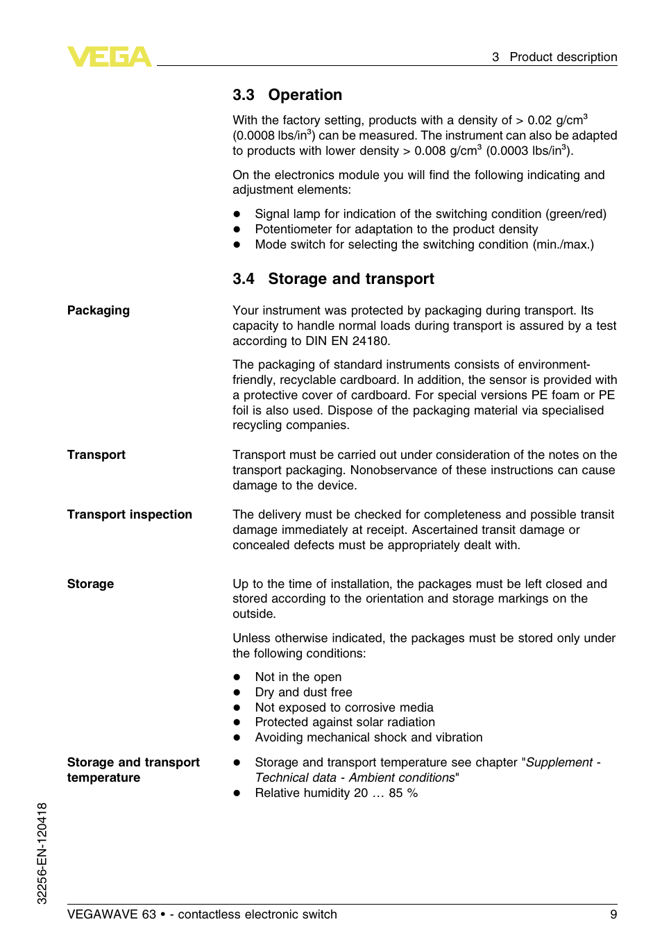 3 operation, 4 storage and transport | VEGA VEGAWAVE 63 - contactless electronic switch User Manual | Page 9 / 36