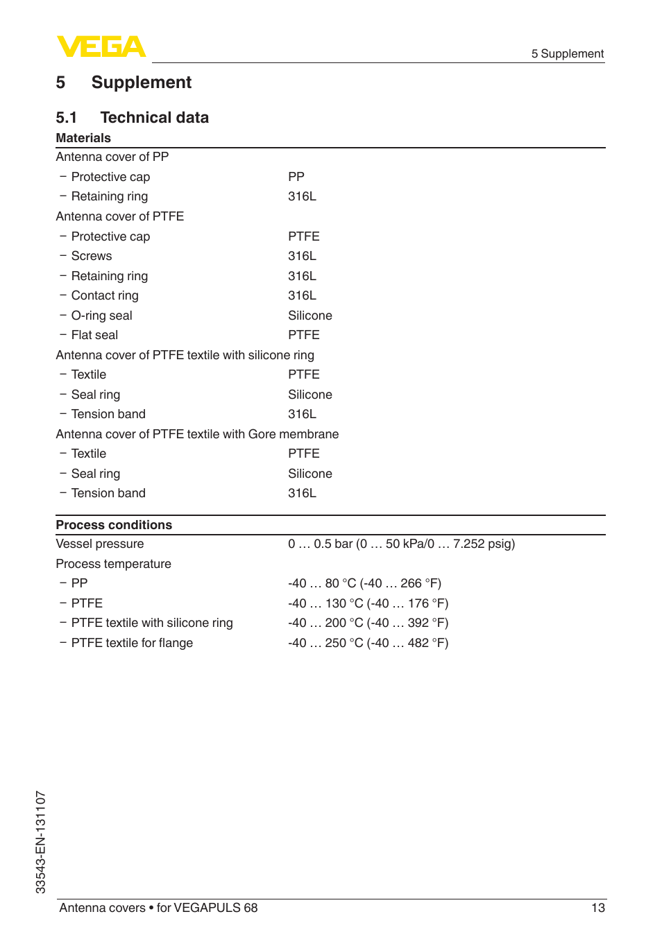 5 supplement, 1 technical data | VEGA VEGAPULS 68 Antenna covers User Manual | Page 13 / 20