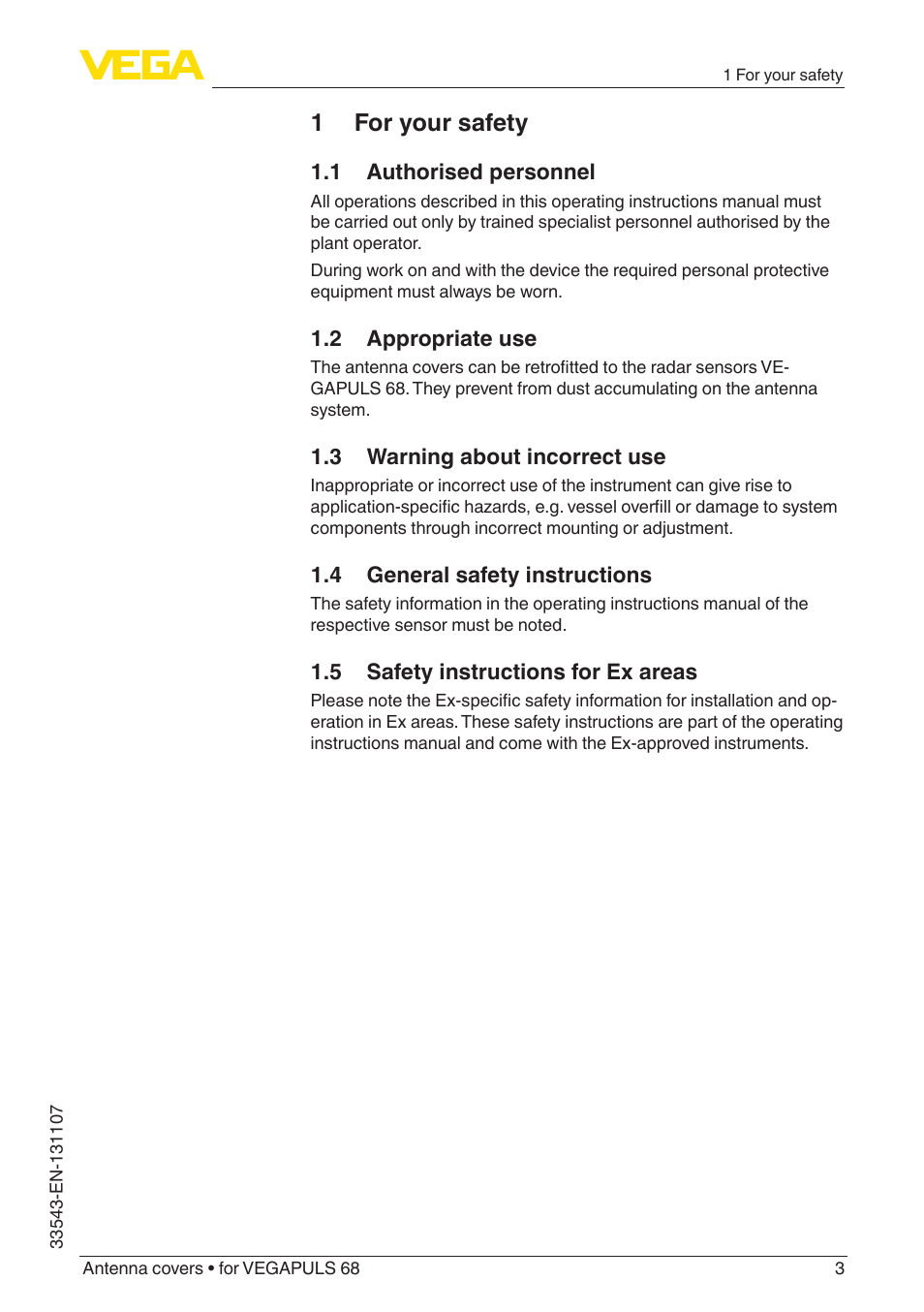 1 for your safety, 1 authorised personnel, 2 appropriate use | 3 warning about incorrect use, 4 general safety instructions, 5 safety instructions for ex areas | VEGA VEGAPULS 68 Antenna covers User Manual | Page 3 / 20