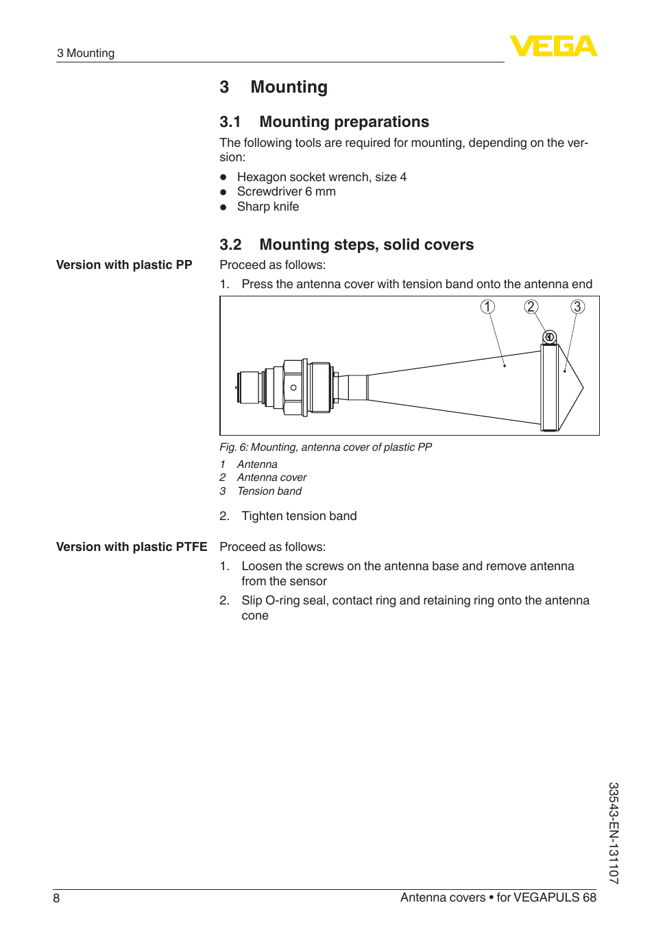 3 mounting, 1 mounting preparations, 2 mounting steps, solid covers | VEGA VEGAPULS 68 Antenna covers User Manual | Page 8 / 20