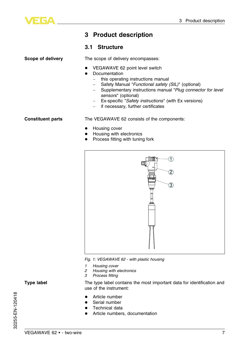 3 product description, 1 structure, 3product description | VEGA VEGAWAVE 62 - two-wire User Manual | Page 7 / 40