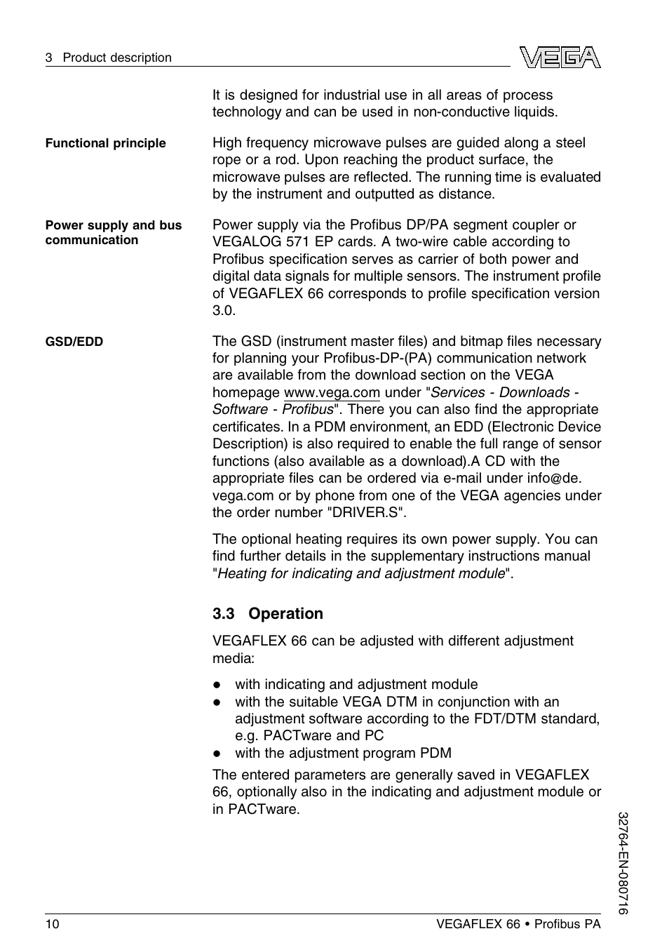 3 operation | VEGA VEGAFLEX 66 (-110…+400°C) Profibus PA User Manual | Page 10 / 68