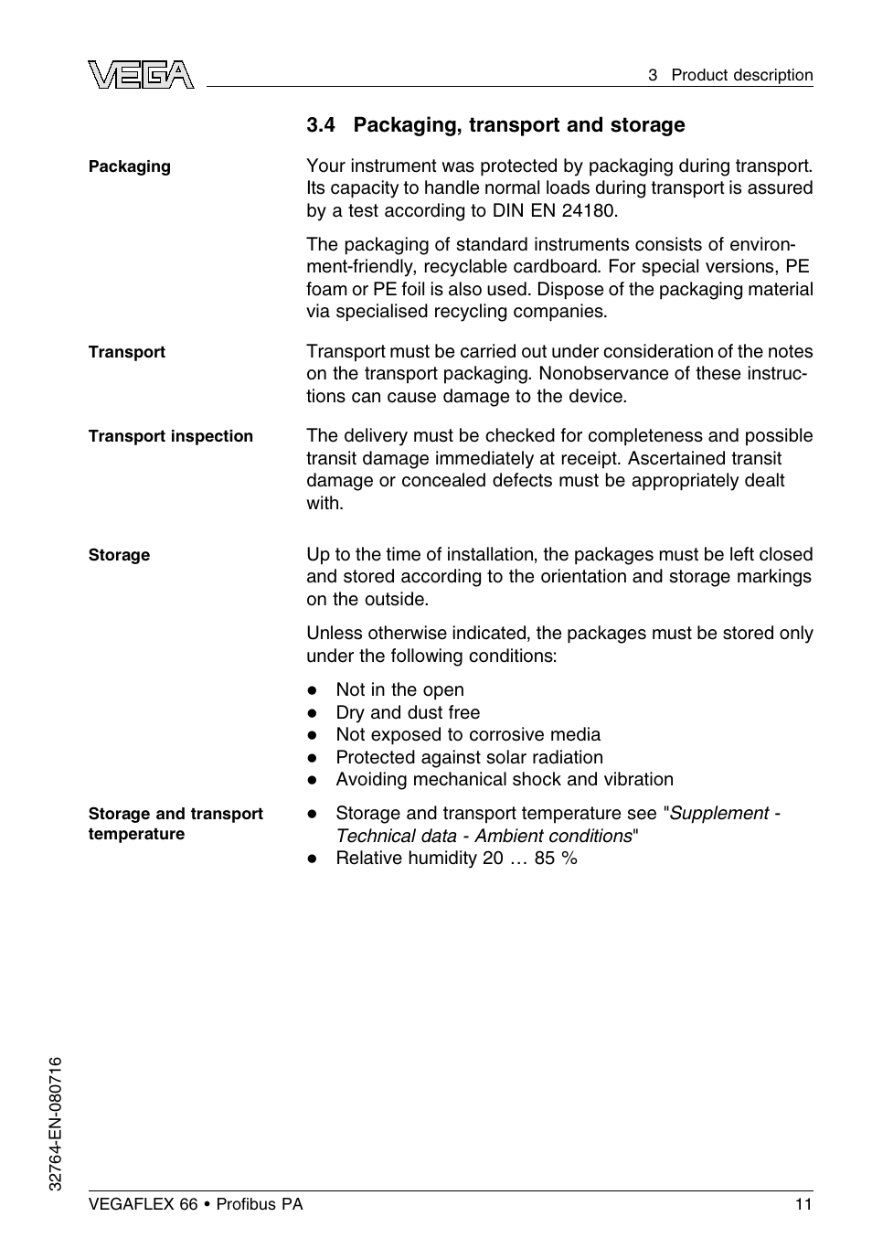 4 packaging, transport and storage | VEGA VEGAFLEX 66 (-110…+400°C) Profibus PA User Manual | Page 11 / 68