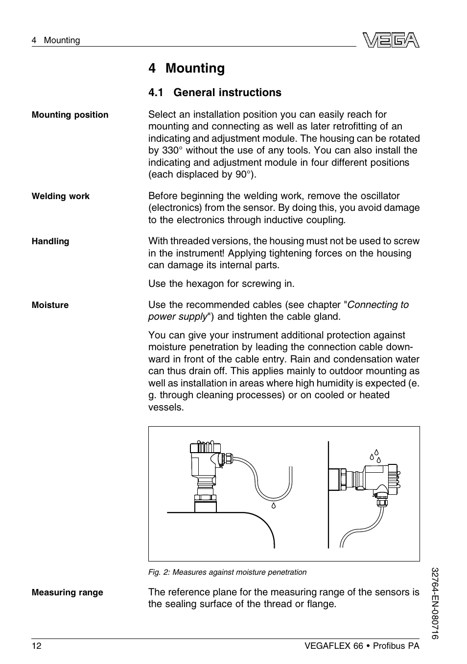 4 mounting, 1 general instructions | VEGA VEGAFLEX 66 (-110…+400°C) Profibus PA User Manual | Page 12 / 68